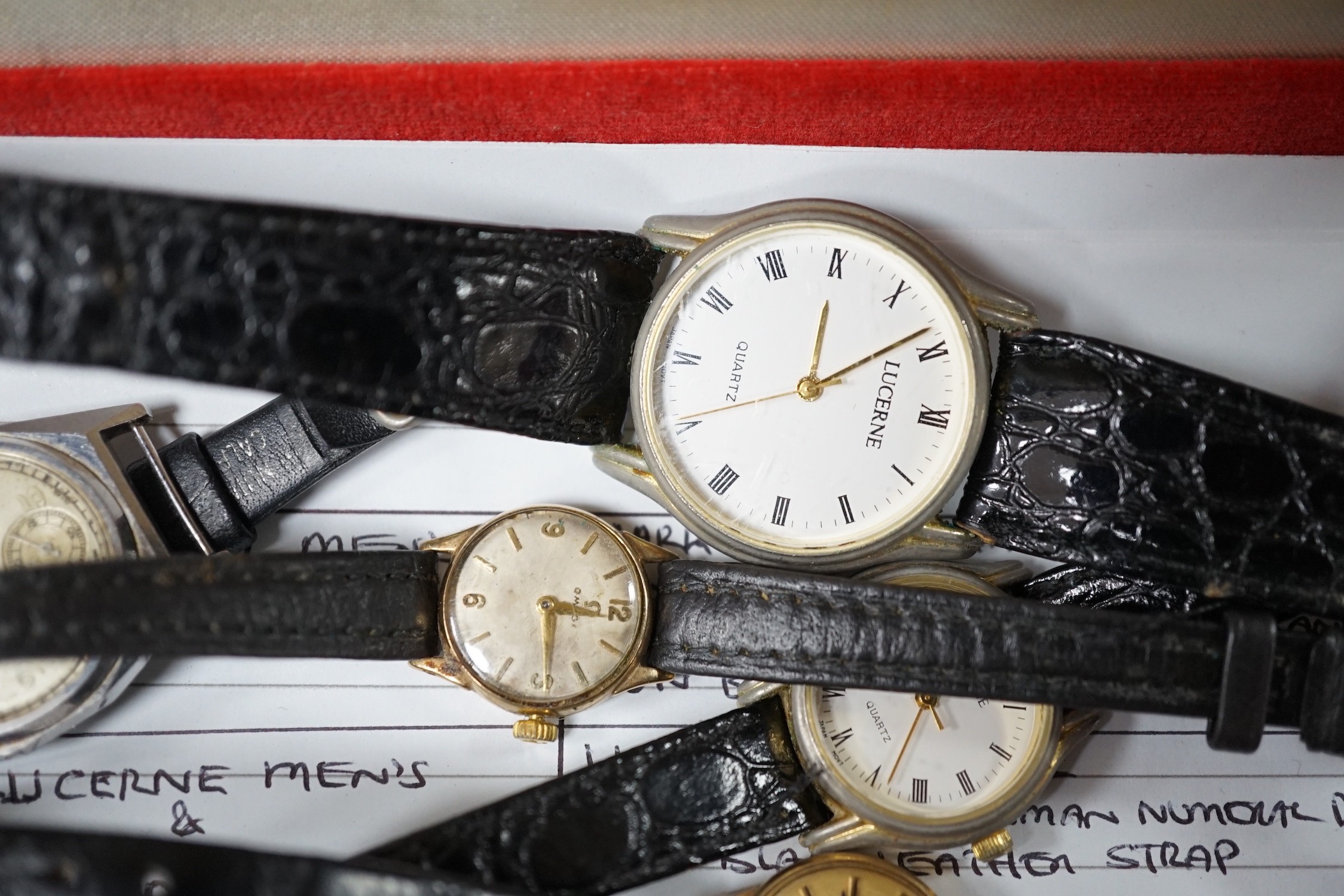 A group of assorted lady's and gentleman's wrist watches including a lady's 9ct Omega and Tichnique, two Lucerne quartz and two steel watches including Festiva.